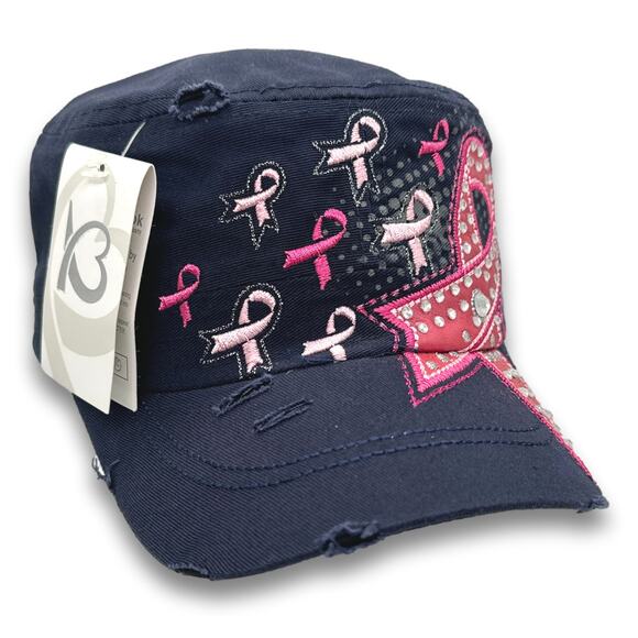Pink Ribbon Army Cadet Hat Rhinestone French Round Bill BDU Baseball Castro Cap - Picture 6 of 6